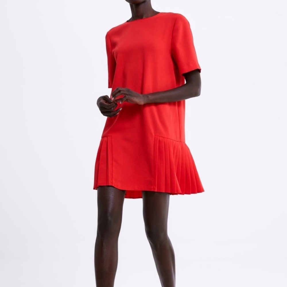 Zara Pleated Red Shift Dress